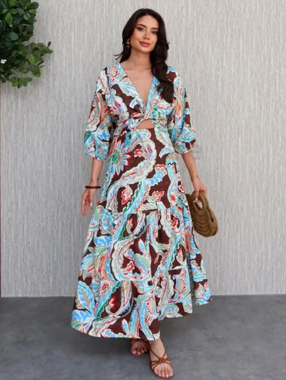 Zara Multicolor Floral Print Cut-Out Flounced Puff Sleeve Poplin Dress Size LG - Picture 7 of 14